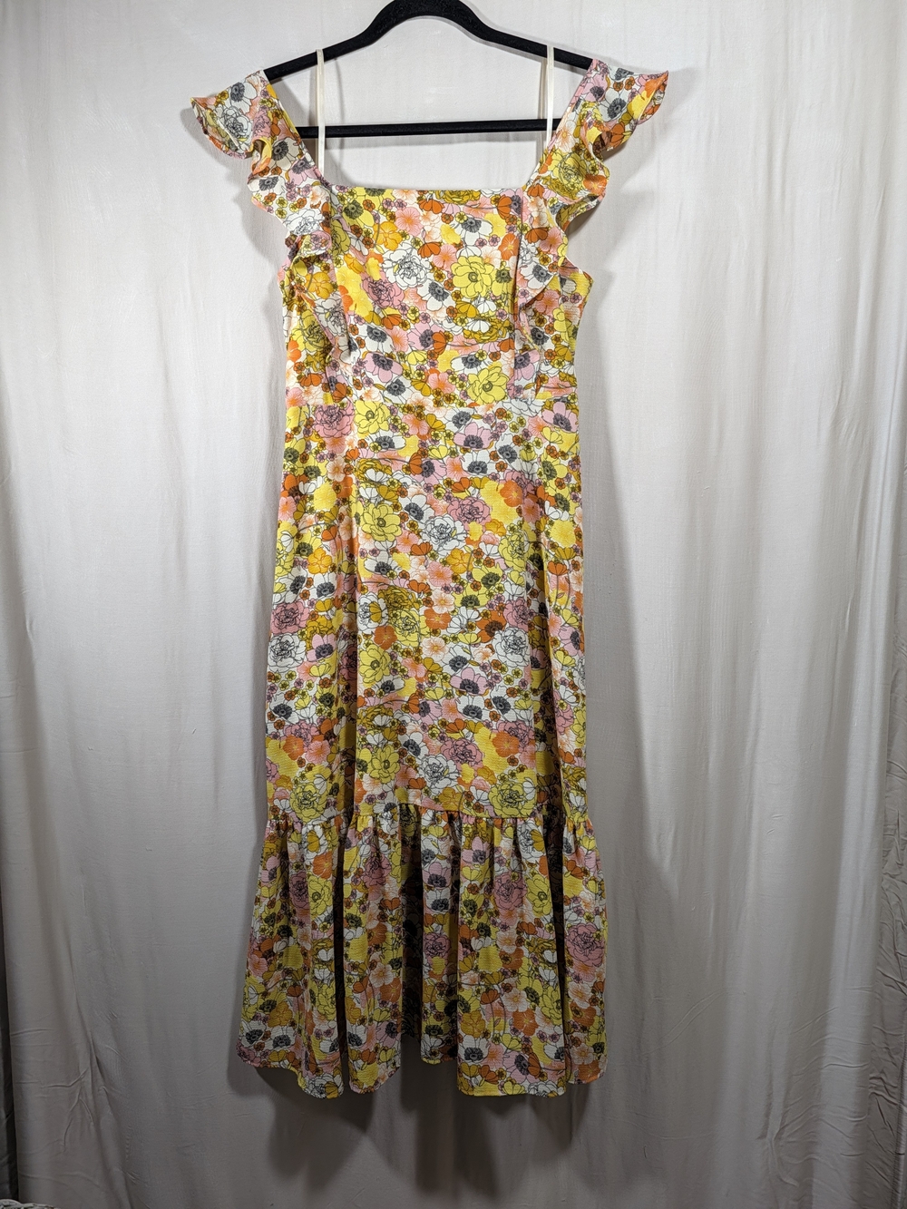 BCBGeneration NWT Yellow Floral Ruffle Tiered Midi Dress Small